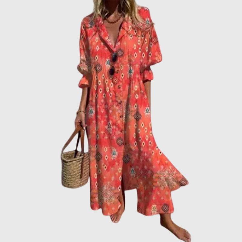 Robe maxi bohémienne élégante Zariah, gros plan sur la coupe – Valloro Paris