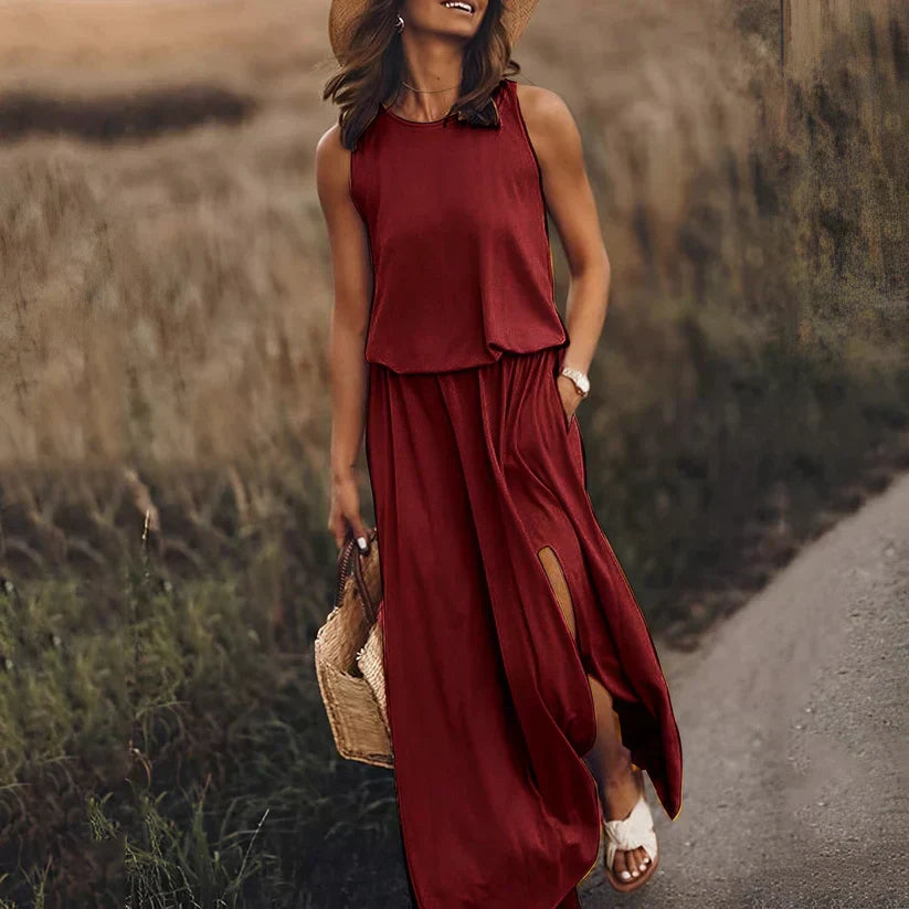 Robe sans manches élégante effet lin Ivy, vue de dos – Valloro Paris