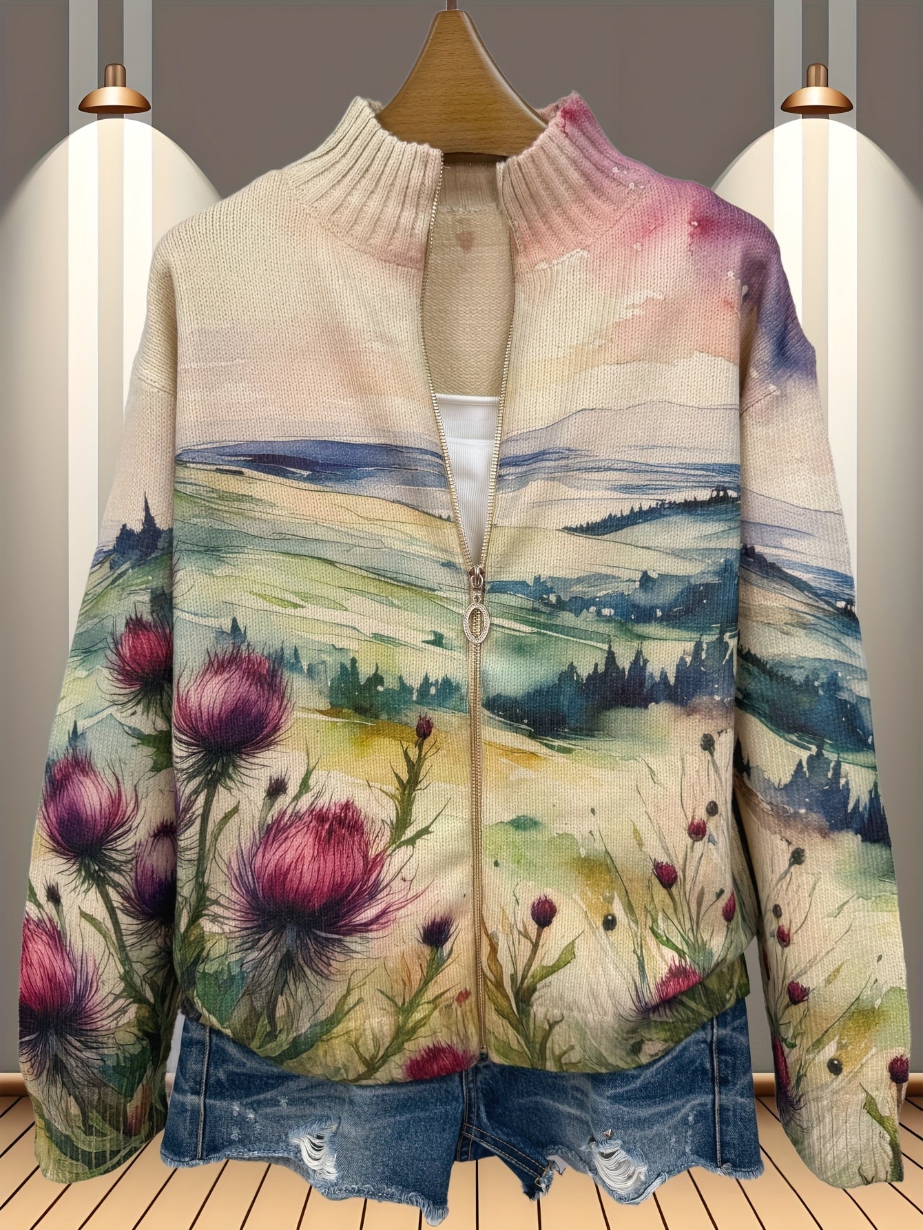 Zelda™ | Cardigan zippé paysage aux chardons écossais