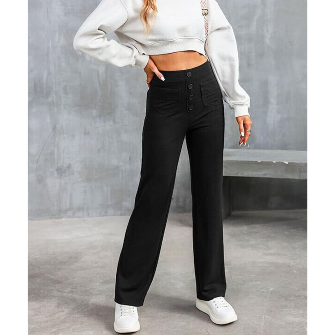 Pantalon stretch taille haute flexible Adalee, détail du motif – Valloro Paris