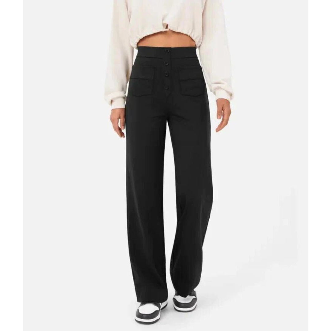 Pantalon stretch taille haute flexible Adalee, gros plan sur la coupe – Valloro Paris