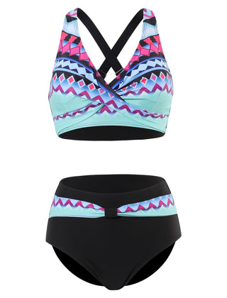 Bikini tendance à imprimé coloré avec haut de maintien Nia, détail du tissu – Valloro Paris