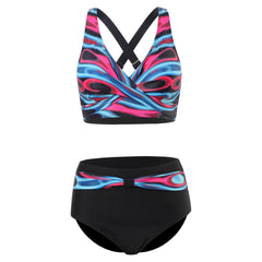 Bikini tendance à imprimé coloré avec haut de maintien Nia, en situation au bord de l’eau – Valloro Paris