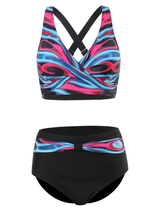 Bikini tendance à imprimé coloré avec haut de maintien Nia, en situation au bord de l’eau – Valloro Paris