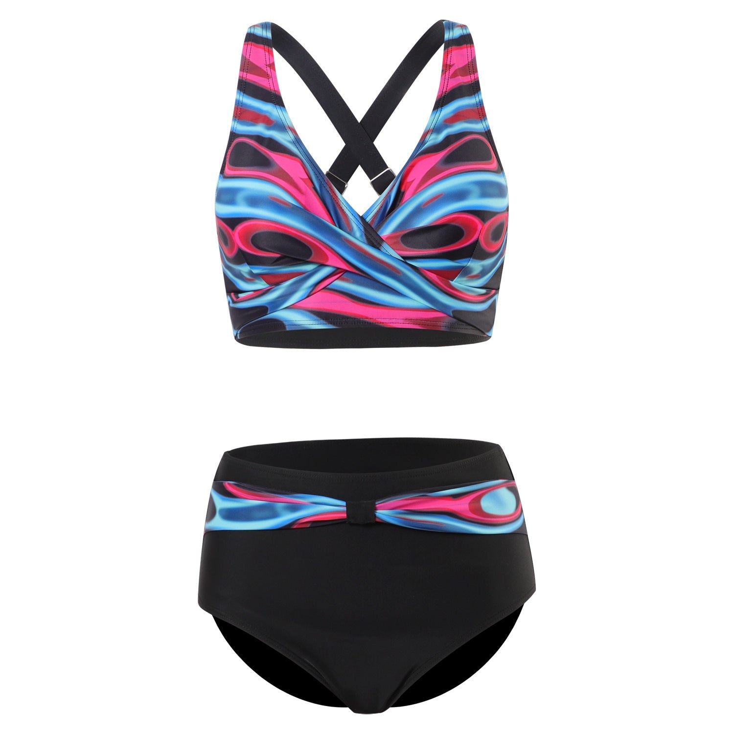 Bikini tendance à imprimé coloré avec haut de maintien Nia, en situation au bord de l’eau – Valloro Paris