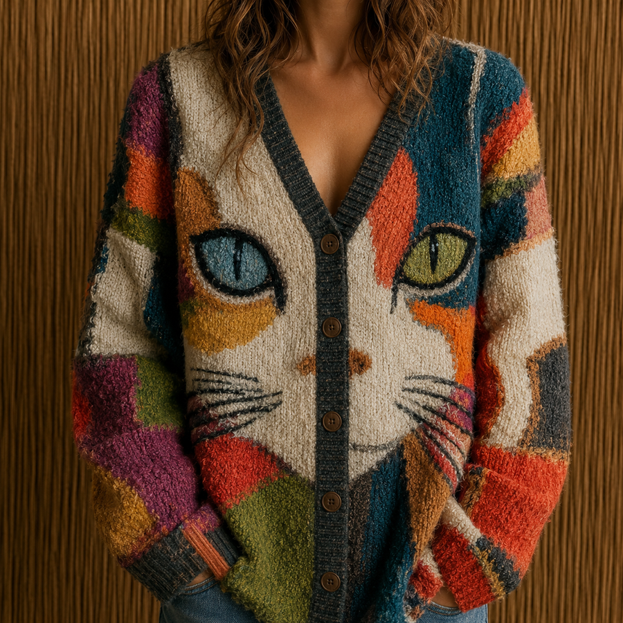 Nora | Cardigan en maille multicolore à motif chat
