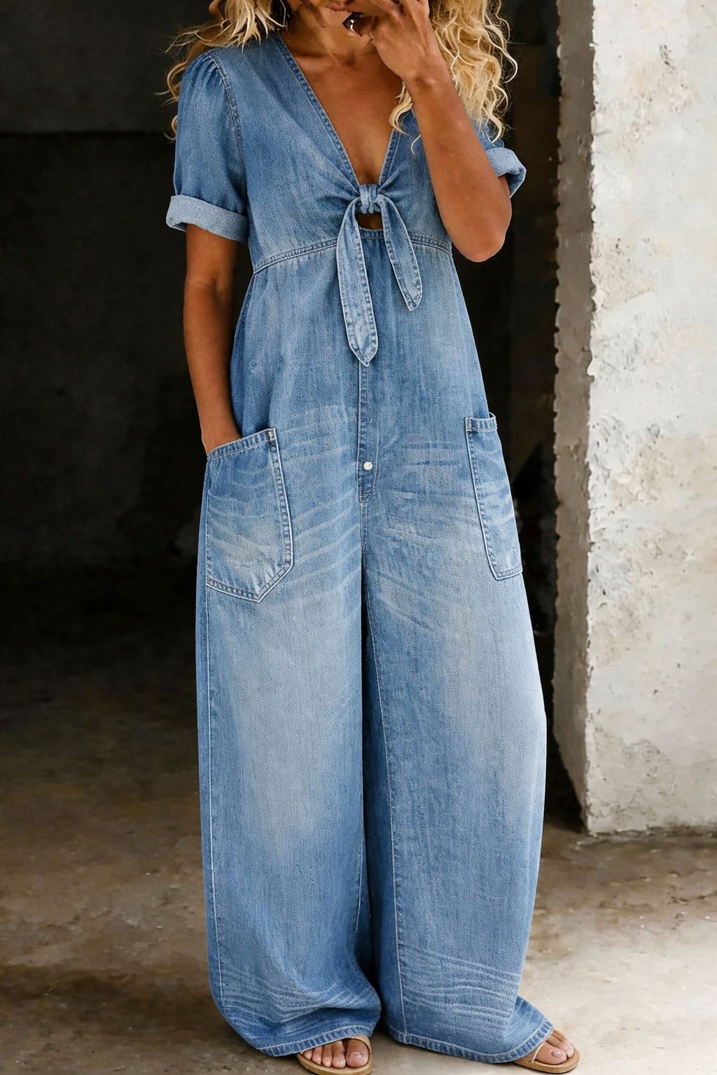 Maya | Combinaison en jean à manches courtes et col en V