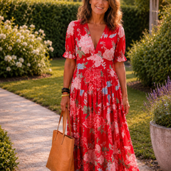 Robe midi fleurie élégante Adèle, vue de face – Valloro Paris