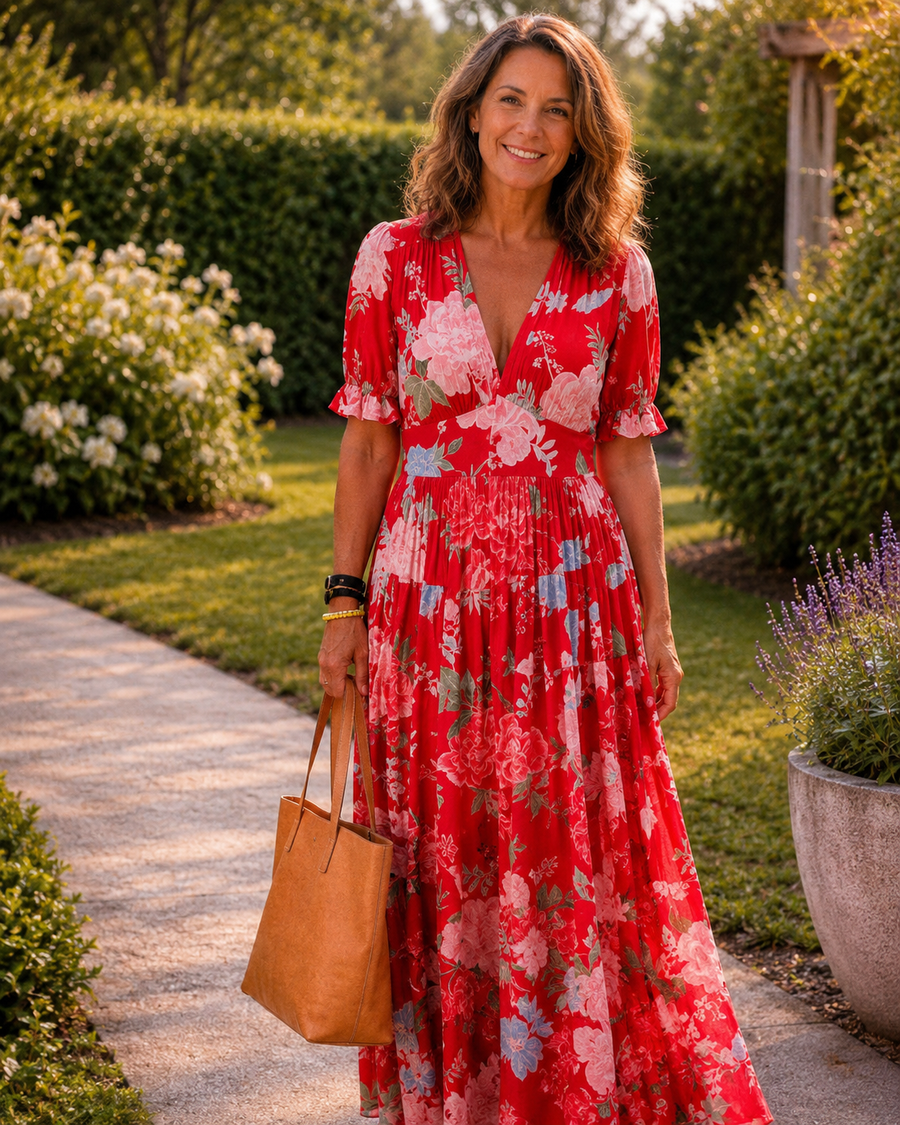 Robe midi fleurie élégante Adèle, vue de face – Valloro Paris