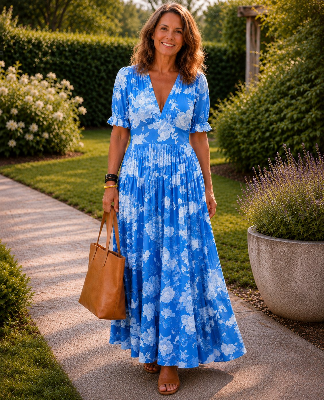 Robe midi fleurie élégante Adèle, portée en situation – Valloro Paris
