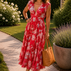 Robe midi fleurie élégante Adèle, vue de profil – Valloro Paris