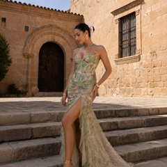 Robe longue imprimée élégante Zamira, détail du tissu – Valloro Paris