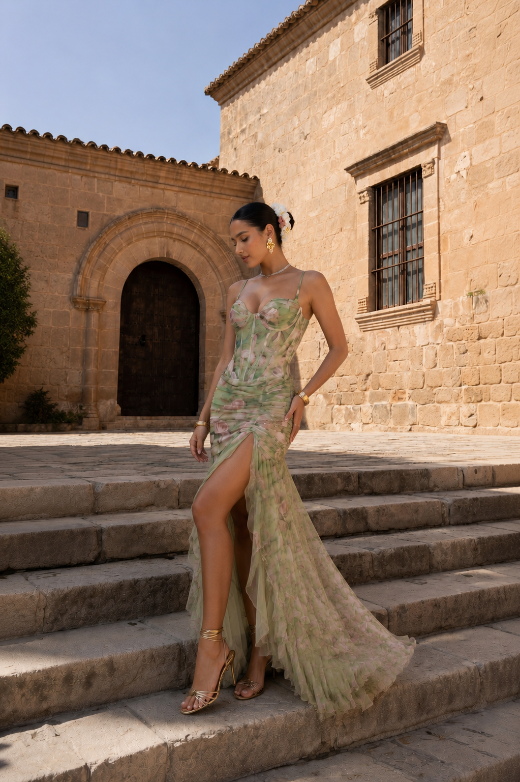 Robe longue imprimée élégante Zamira, détail du tissu – Valloro Paris