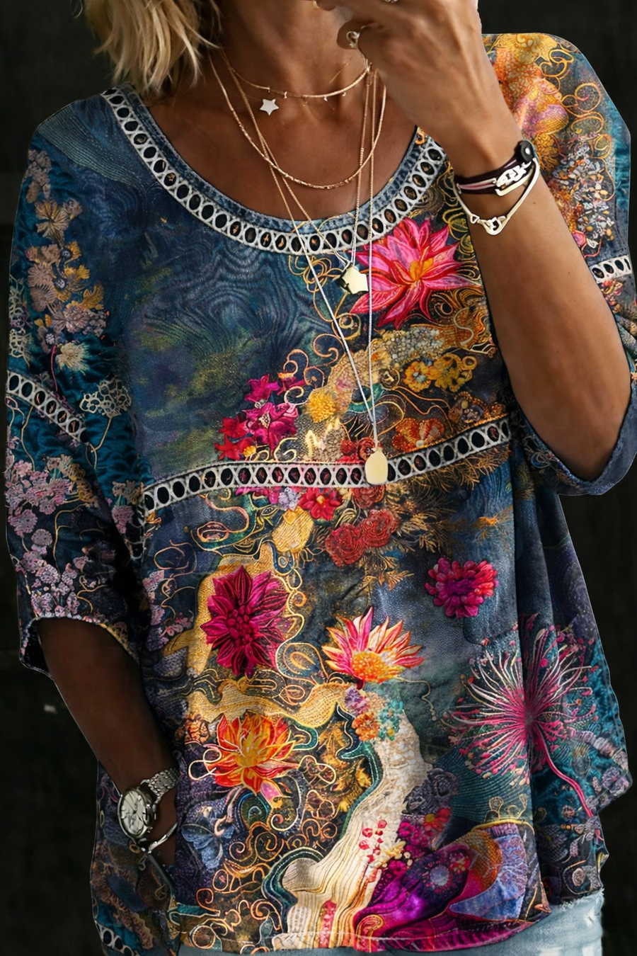 Nicole | Blouse en jean fleurie style vintage