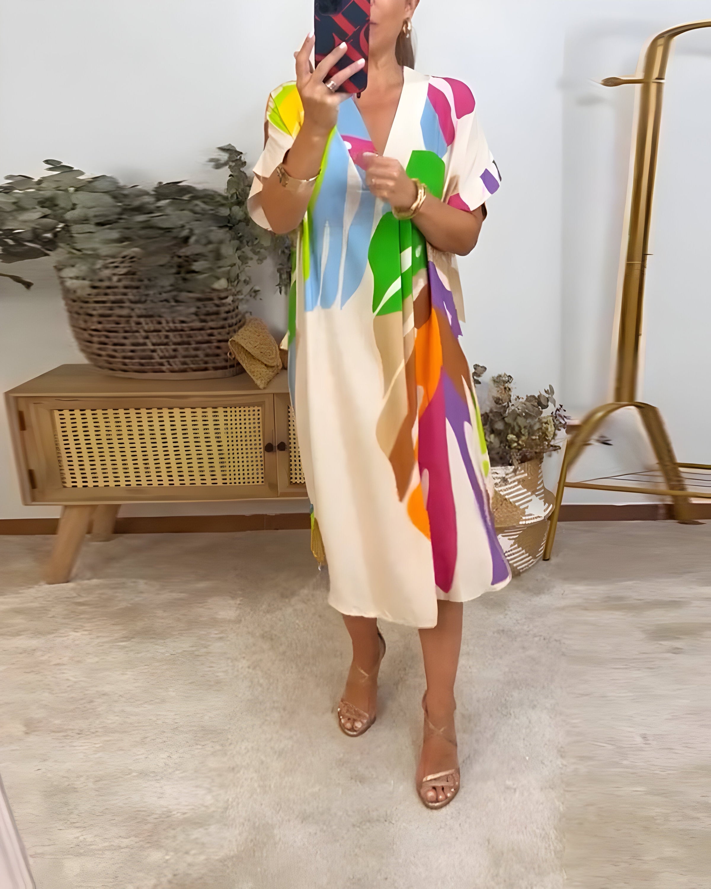 Robe à imprimé abstrait Rianna, gros plan sur la coupe – Valloro Paris