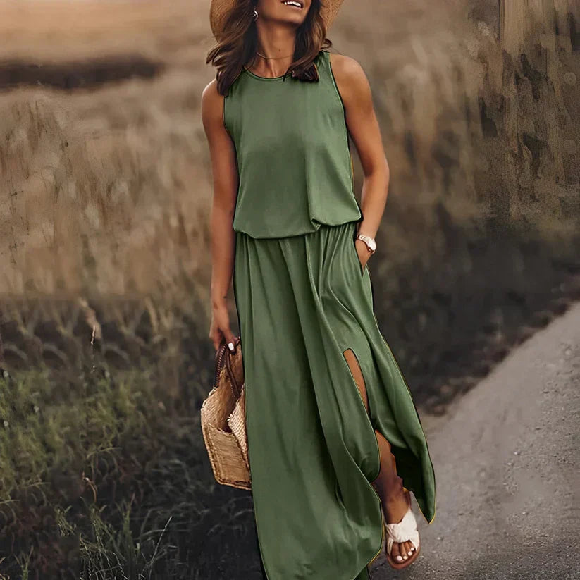 Robe sans manches élégante effet lin Ivy, gros plan sur la coupe – Valloro Paris