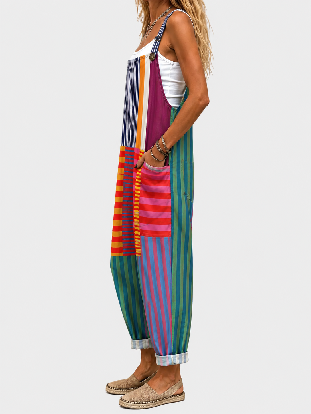 Salopette à imprimé patchwork coloré Capucine, vue de dos – Valloro Paris
