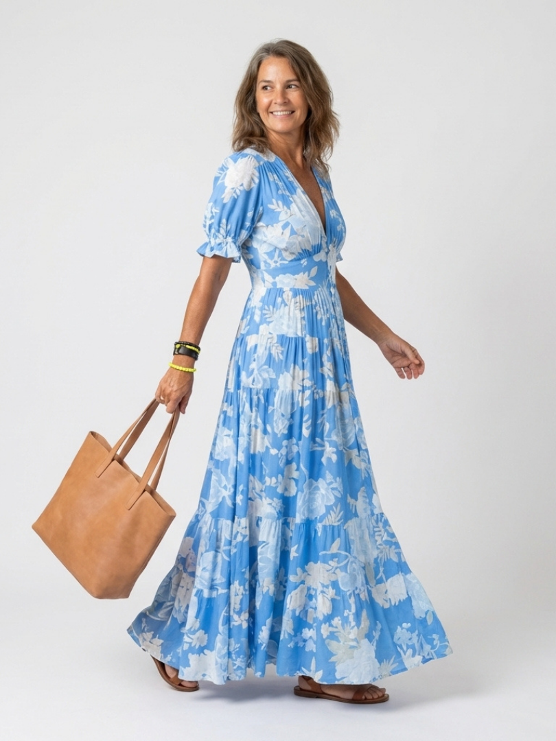 Robe midi fleurie élégante Adèle, détail du tissu – Valloro Paris