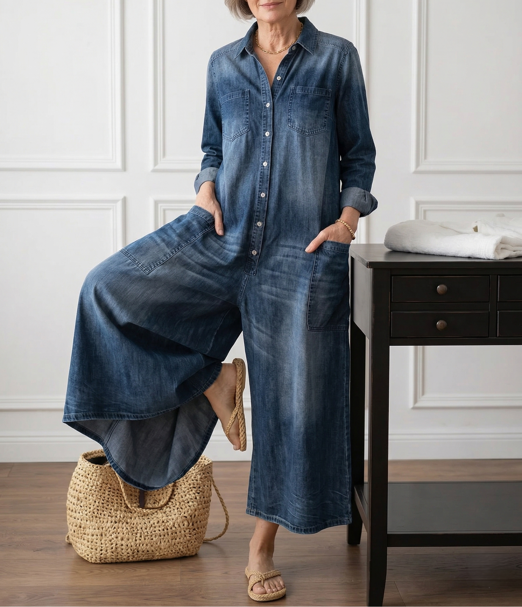 Diana | Combinaison en denim vintage délavé au toucher coton doux, boutonnée