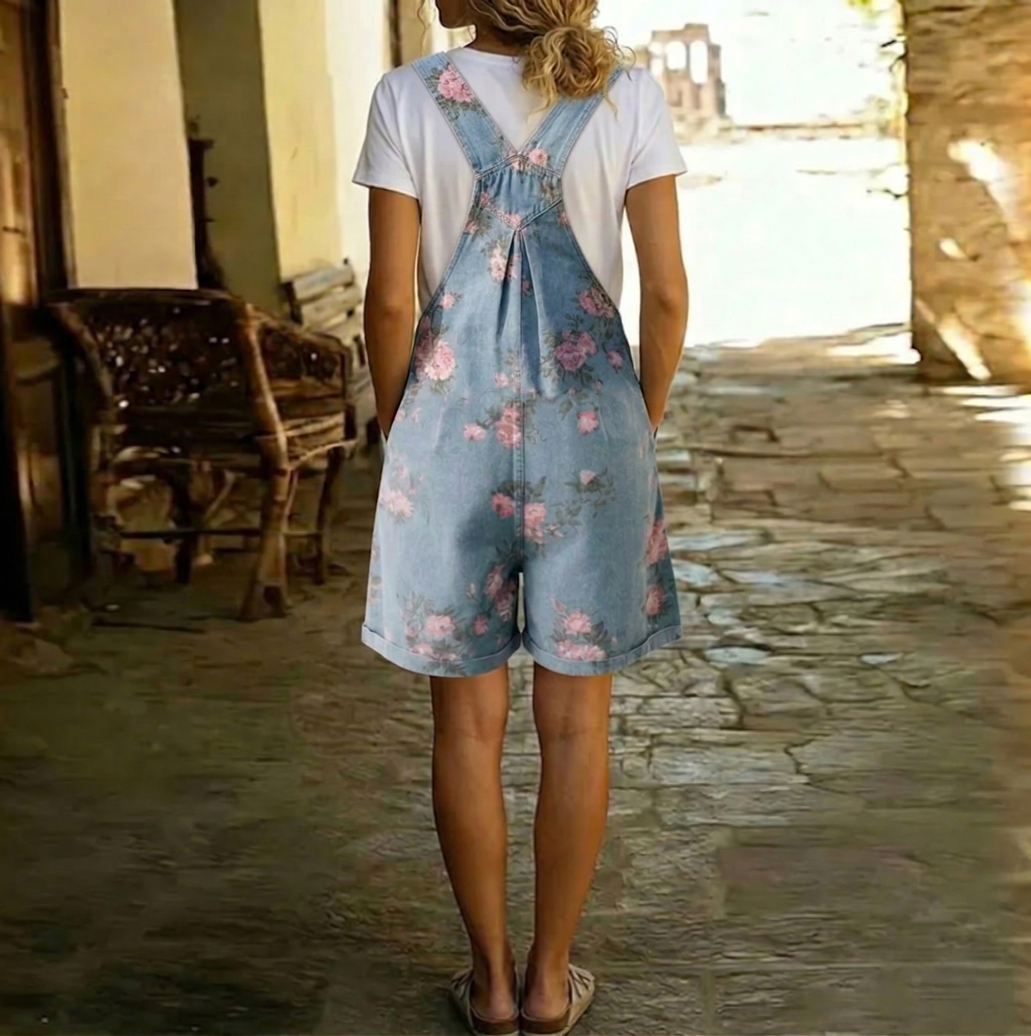 Judy | Combinaison en jean vintage délavé en coton doux à fleurs