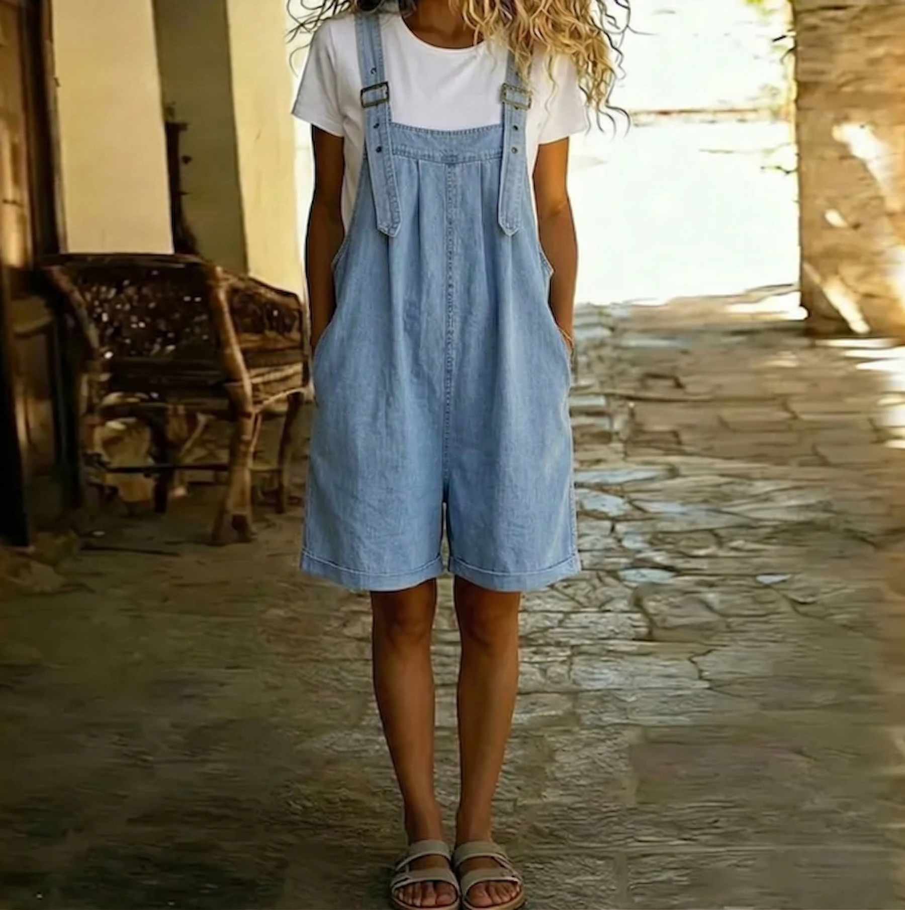 Clara | Salopette courte en denim vintage au toucher doux effet coton bleu clair
