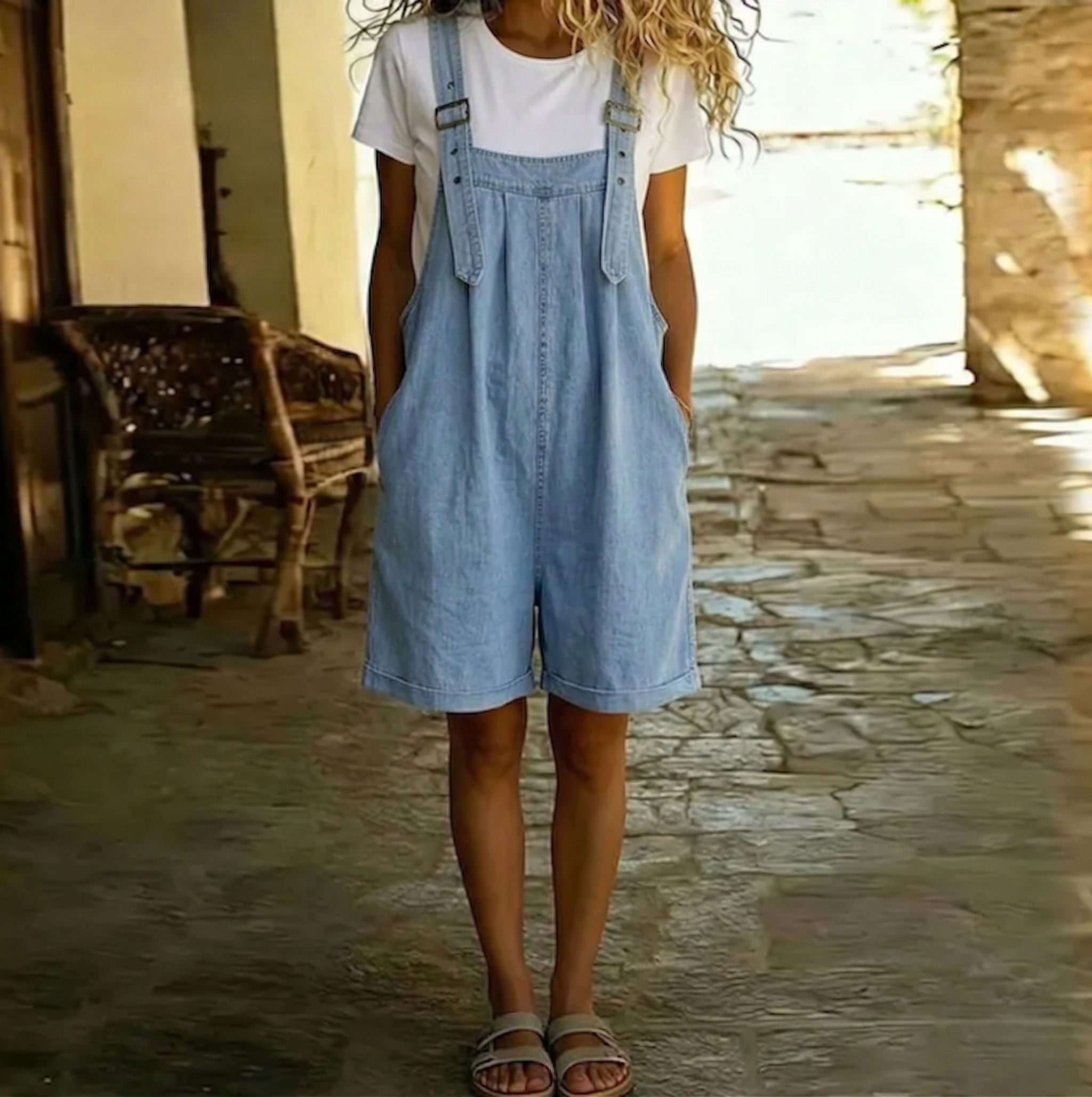 Clara | Salopette courte en denim vintage au toucher doux effet coton bleu clair