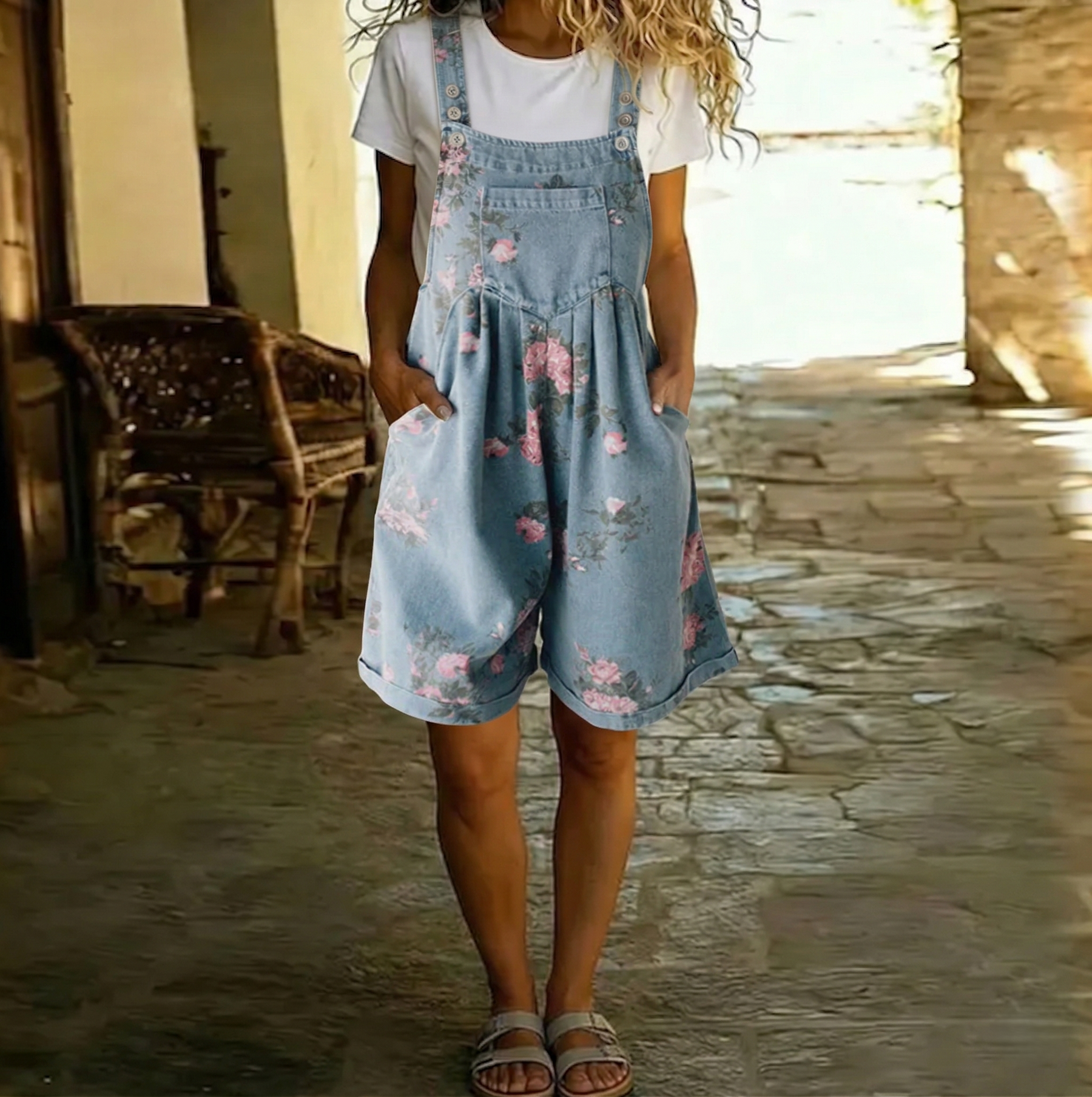Judy | Combinaison en jean vintage délavé en coton doux à fleurs
