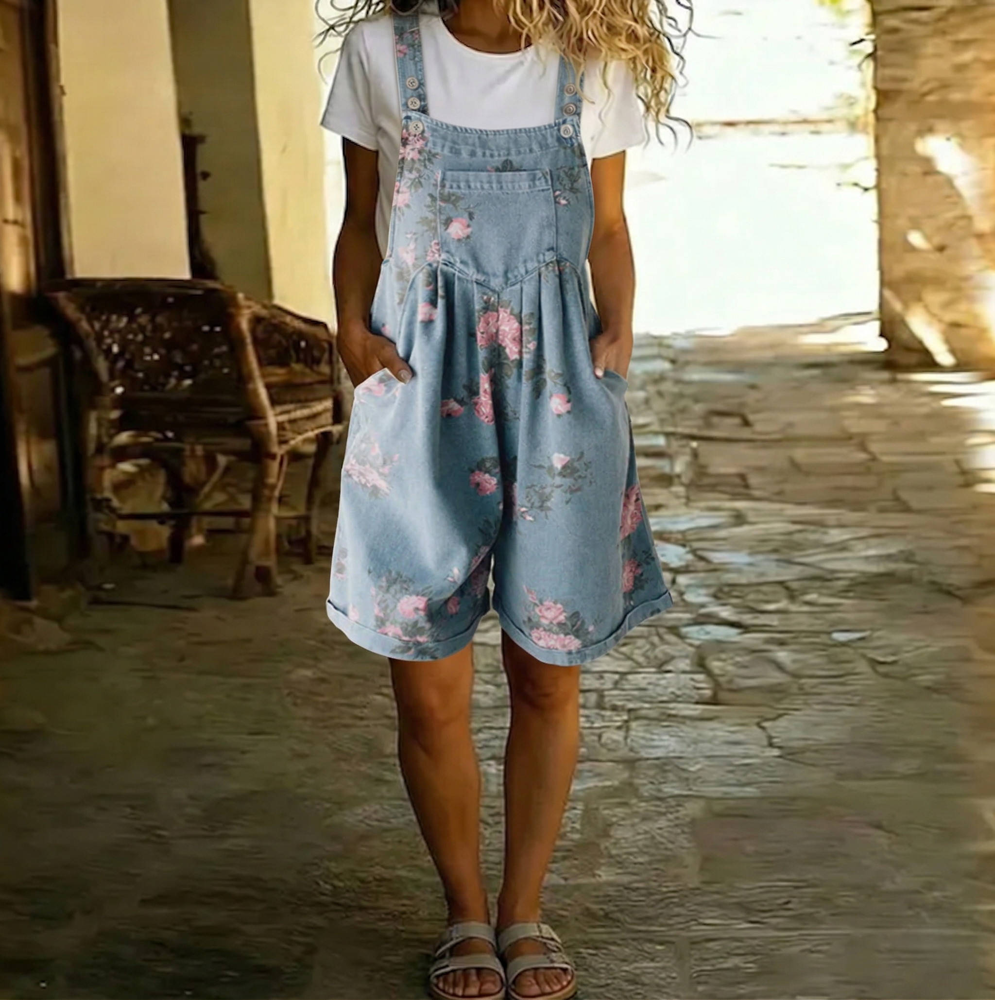 Judy | Combinaison en jean vintage délavé en coton doux à fleurs