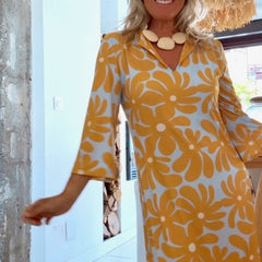 Robe d’été jaune élégante Alameda, détail du tissu – Valloro Paris