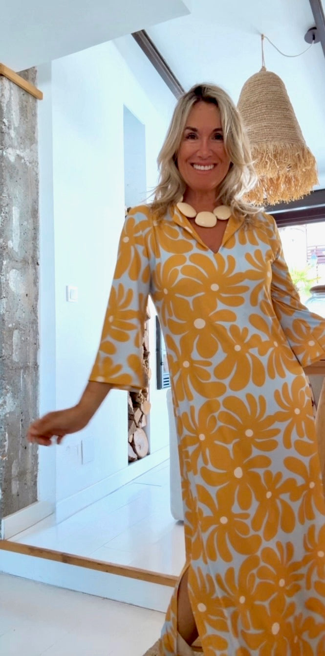 Robe d’été jaune élégante Alameda, détail du tissu – Valloro Paris
