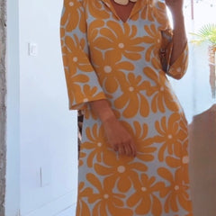 Robe d’été jaune élégante Alameda, détail du motif – Valloro Paris