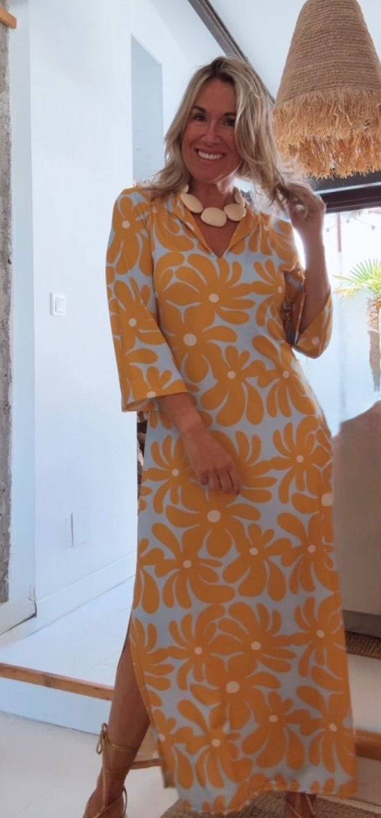 Robe d’été jaune élégante Alameda, détail du motif – Valloro Paris