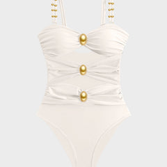 Maillot de bain une pièce froncé à perles dorées Doriane, gros plan sur la coupe – Valloro Paris