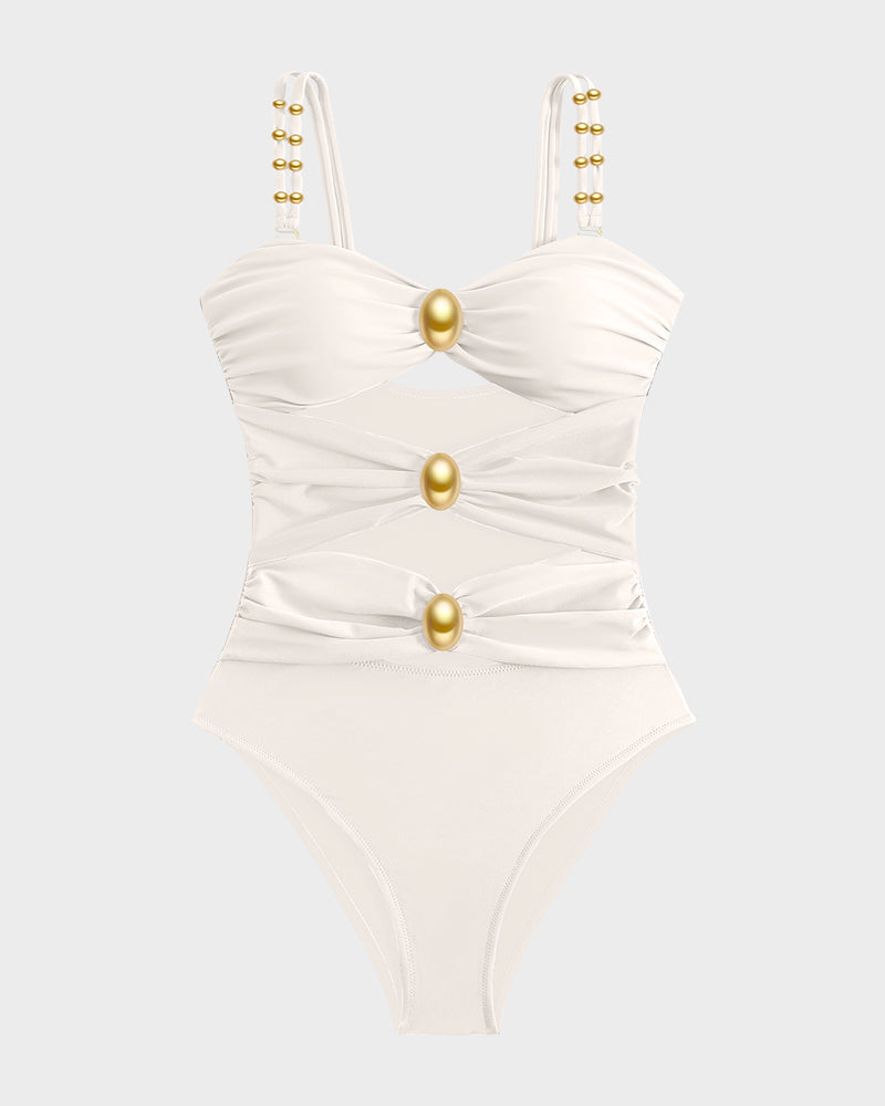 Maillot de bain une pièce froncé à perles dorées Doriane, gros plan sur la coupe – Valloro Paris