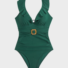 Maillot de bain froncé à décolleté en V et volants Roxane, portée à la plage (photo 15) – Valloro Paris