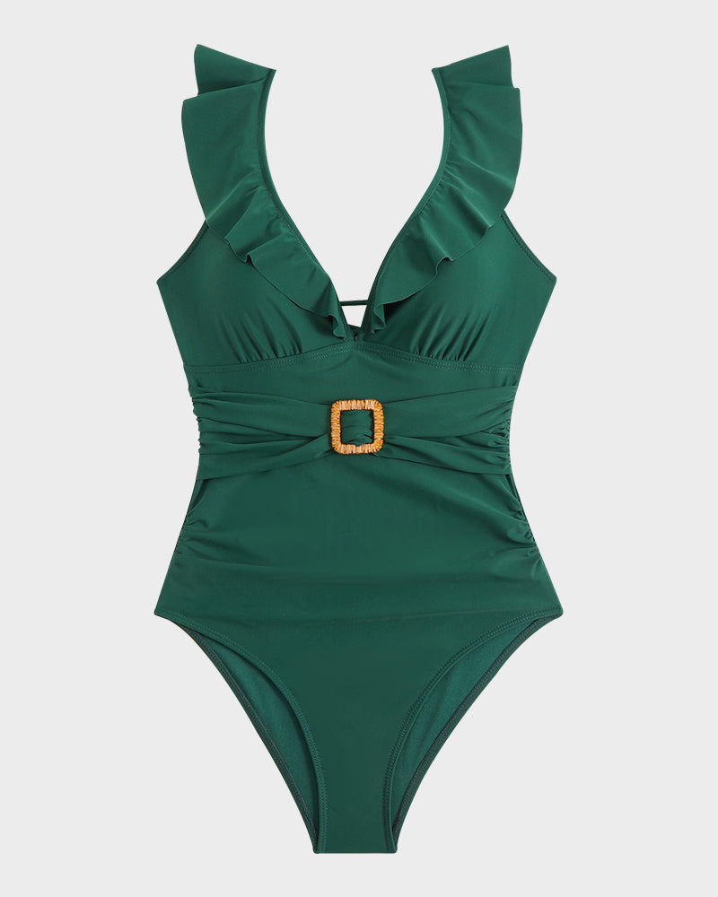 Maillot de bain froncé à décolleté en V et volants Roxane, portée à la plage (photo 15) – Valloro Paris