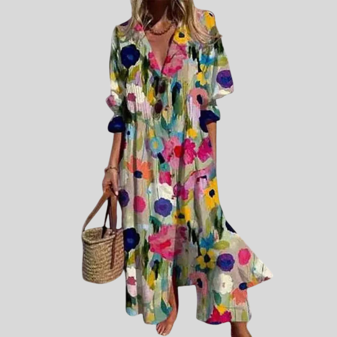 Robe maxi bohémienne élégante Zariah, vue de face – Valloro Paris
