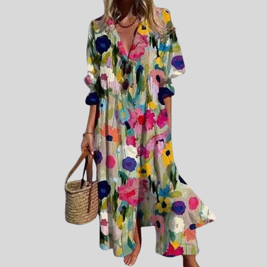 Robe maxi bohémienne élégante Zariah, vue de face – Valloro Paris