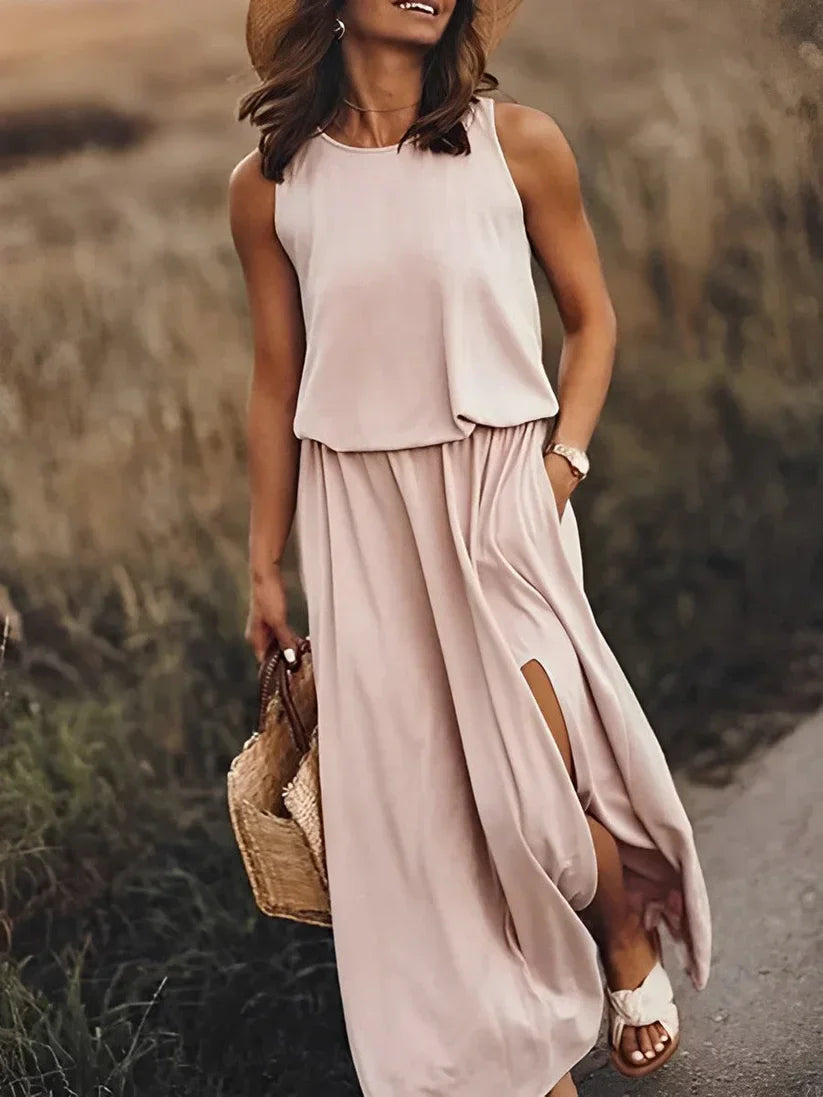Robe sans manches élégante effet lin Ivy, vue de face – Valloro Paris