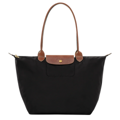 Cabas pliable en nylon à détails cuir Grand Sac Noir, vue de face – Valloro Paris