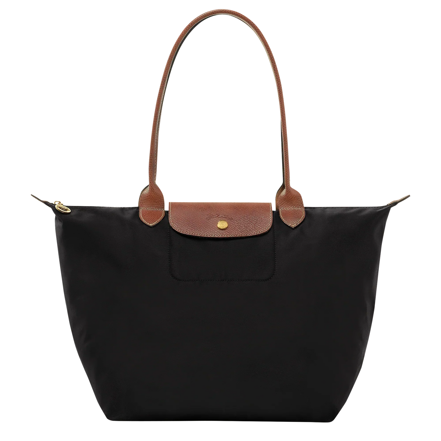 Cabas pliable en nylon à détails cuir Grand Sac Noir, vue de face – Valloro Paris