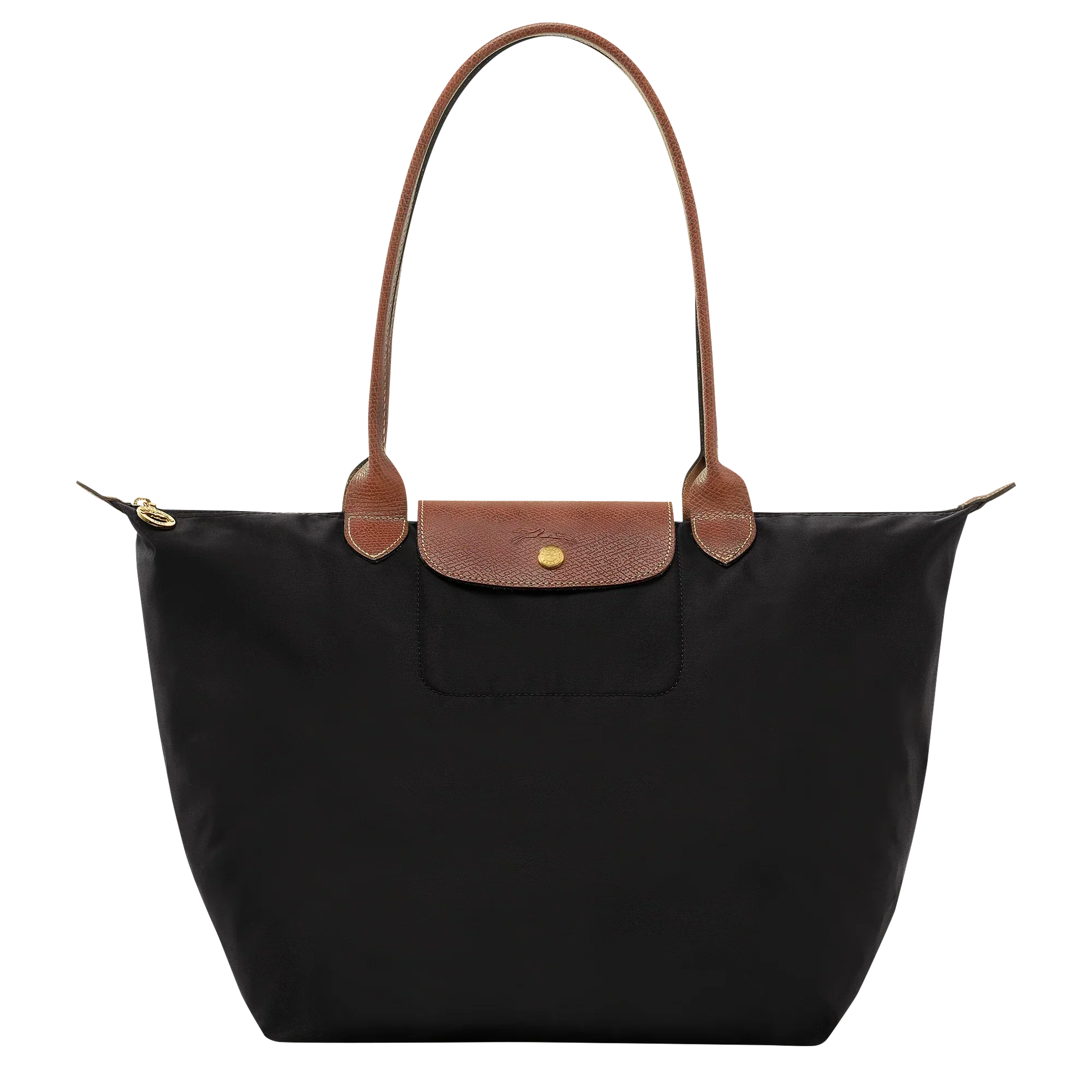 Cabas pliable en nylon à détails cuir Grand Sac Noir, vue de face – Valloro Paris