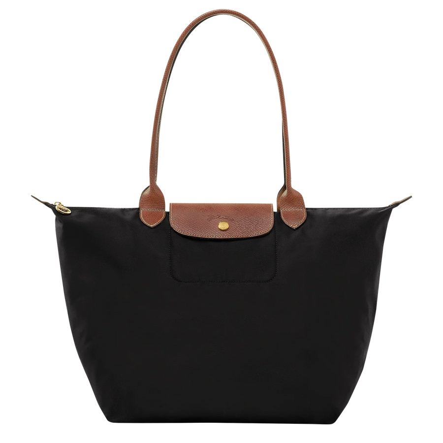 Cabas pliable en nylon à détails cuir Grand Sac Noir, vue de face – Valloro Paris
