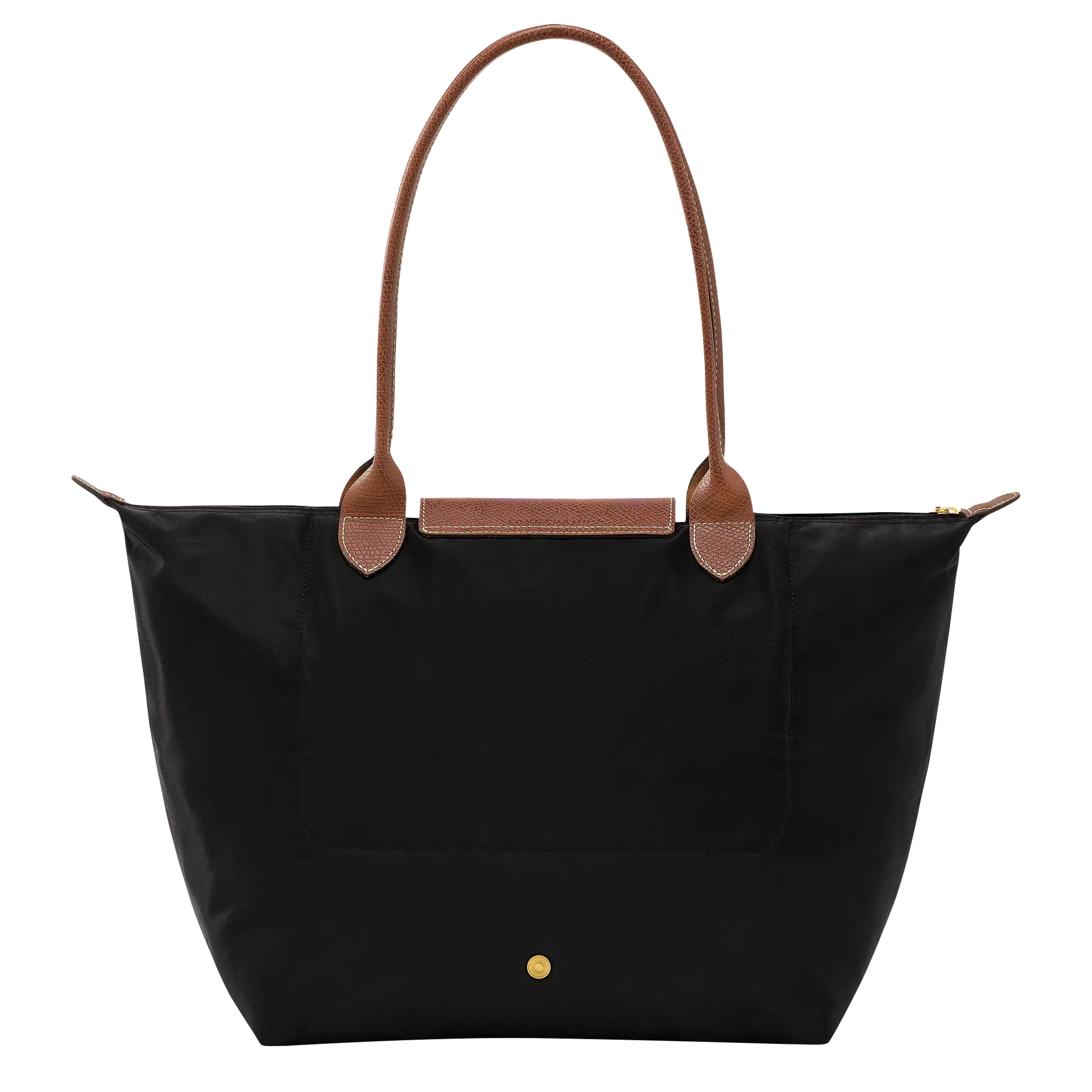 Cabas pliable en nylon à détails cuir Grand Sac Noir, détail des anses – Valloro Paris