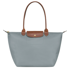 Cabas pliable en nylon à détails cuir Grand Sac Gris Acier, vue de face – Valloro Paris