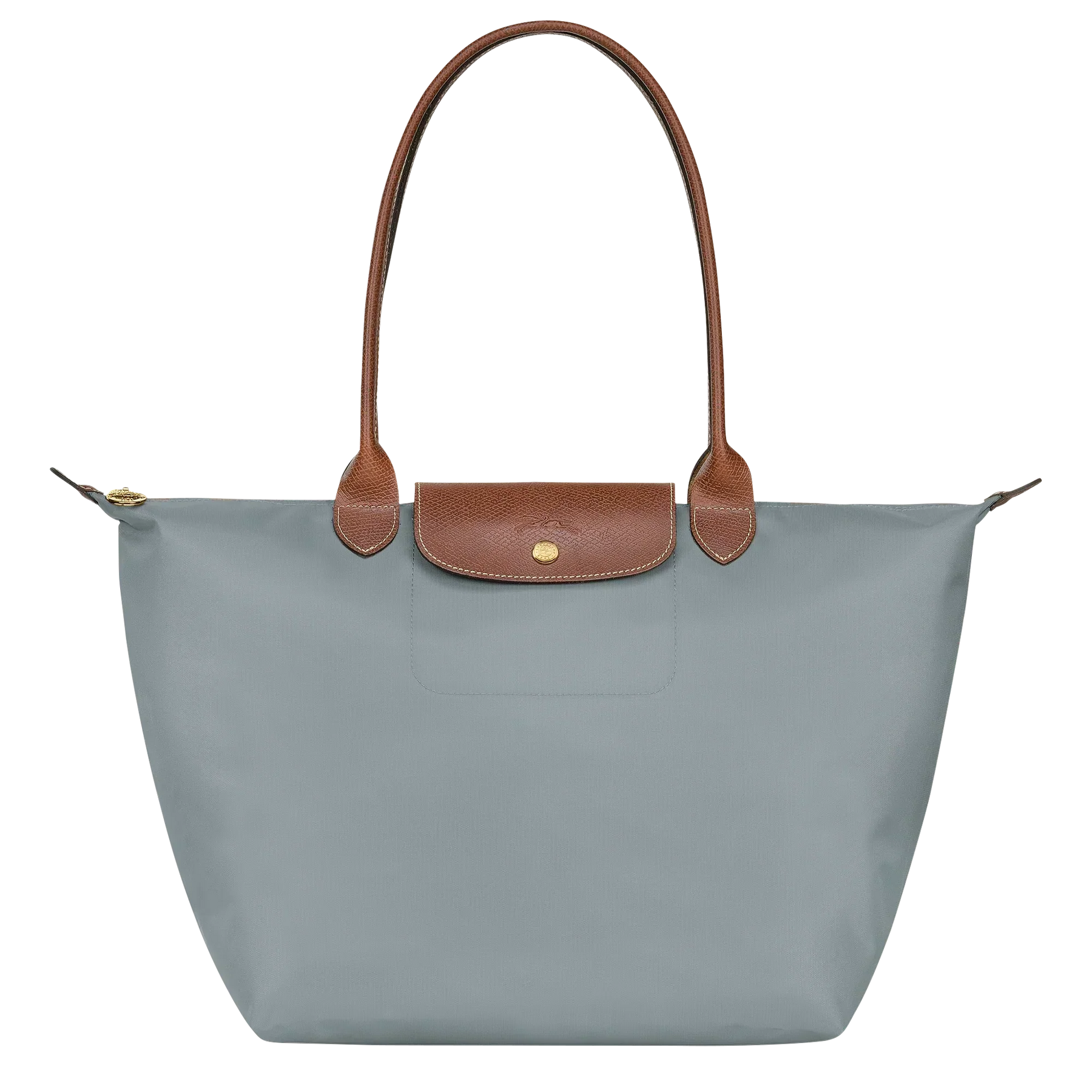 Cabas pliable en nylon à détails cuir Grand Sac Gris Acier, vue de face – Valloro Paris