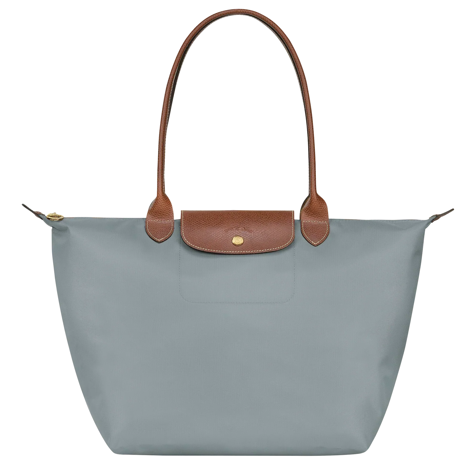 Cabas pliable en nylon à détails cuir Grand Sac Gris Acier, vue de face – Valloro Paris