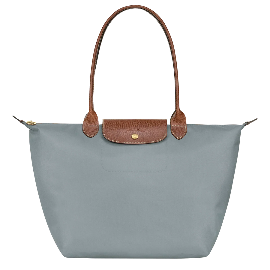 Cabas pliable en nylon à détails cuir Grand Sac Gris Acier, vue de face – Valloro Paris