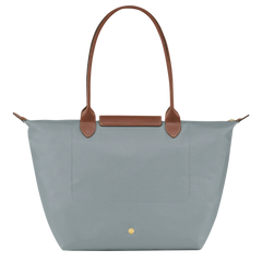 Cabas pliable en nylon à détails cuir Grand Sac Gris Acier, porté à l’épaule – Valloro Paris