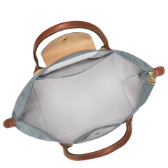 Cabas pliable en nylon à détails cuir Grand Sac Gris Acier, détail des anses – Valloro Paris